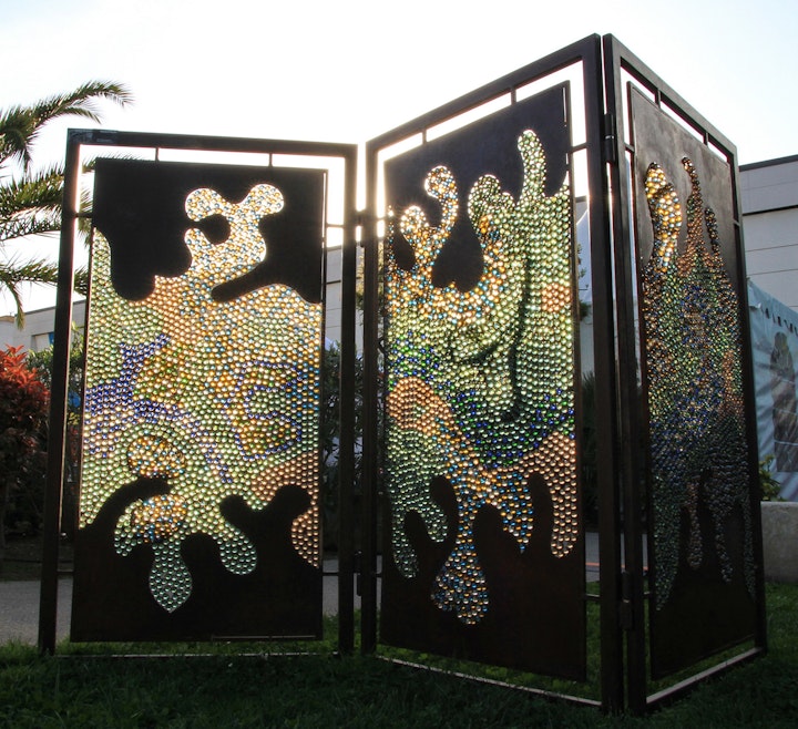 Paravent 180x300cm, acier et billes en verre -