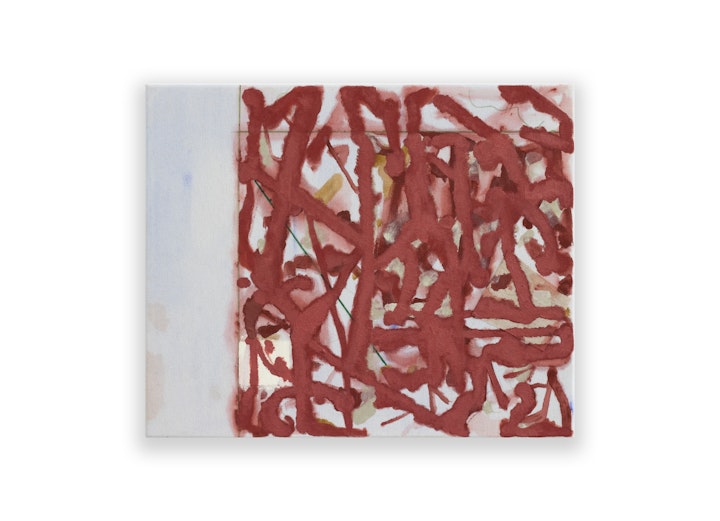 Recent Paintings - Fugal Ruin XXXVI (for Eric Satie), 2023, acrylic, collage, colour pencil, marker pen and oil paint on cotton duck, 38 x 46 cm.