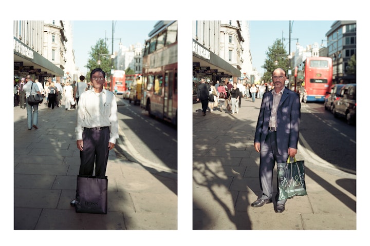Shoppers - A diptych of two portraits of people posing with their shopping bags, the left image showing a man with a Hugo Boss bag in front of his feet and the right image showing a man in a suit carrying a M&S carrier bag.