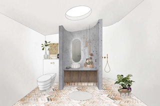 croquis de salle d'eau avec élément central cintré en béton et puit de lumière circulaire