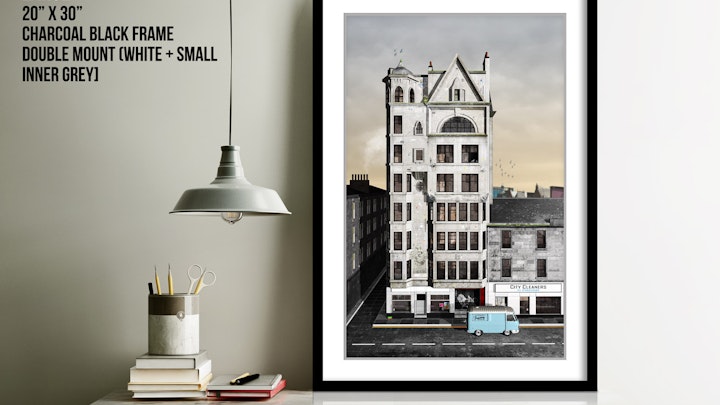 Glasgow Architecture - The Lion Chambers - Large framed print. Sanctuary black charcoal with double mount. £260. Free uk delivery.
