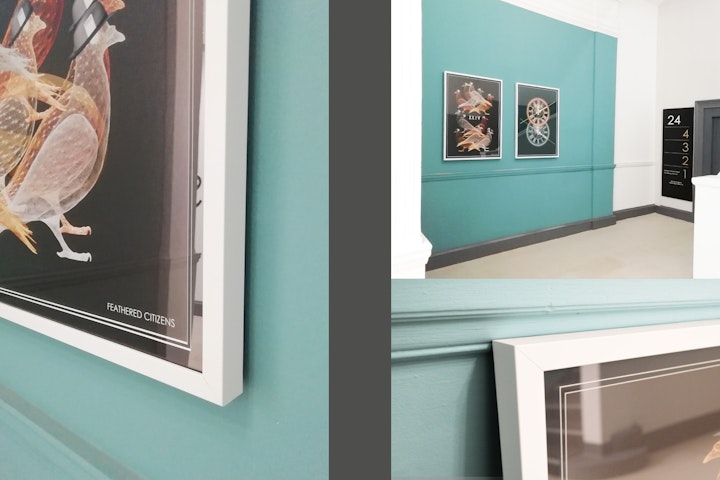 Sanctuary satin white with double black mount. By Loxley Colour.
