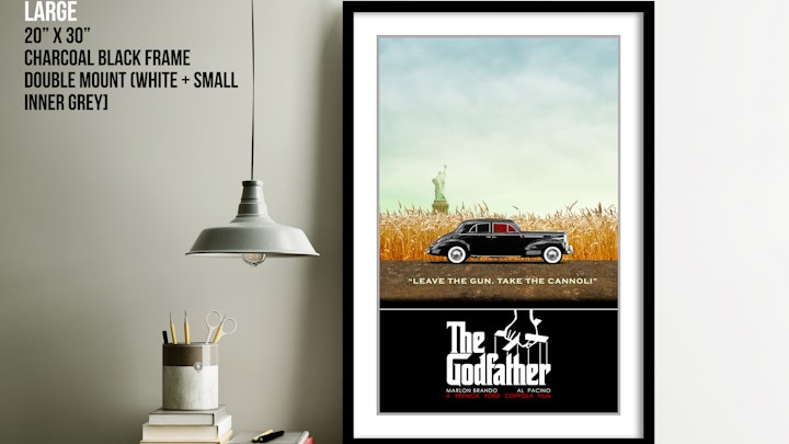 The Godfather movie poster art - large framed print. Free UK delivery. Custom framing available. International shipping also possible.