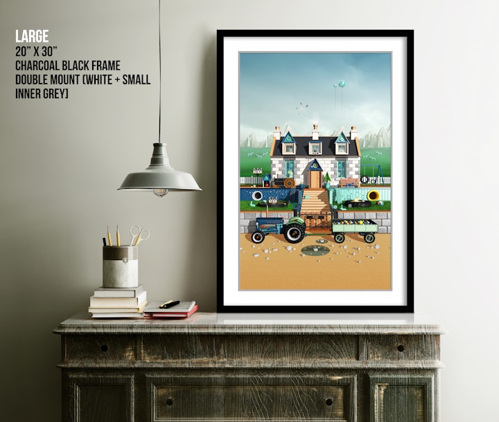 New print - Big Wheel Little Wheel Cottage - farm cottage art