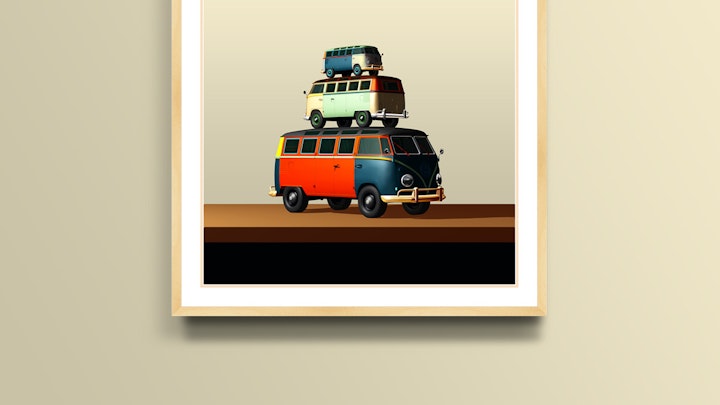 Volkswagen Campervan print framed in beech. Other frames are available. International shipping.