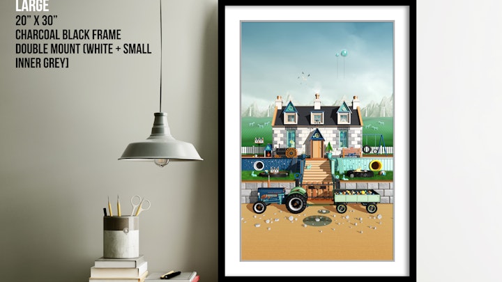 Tractor Art  - Big Wheel Little Wheel Cottage. Large framed print. Sanctuary black charcoal with double mount. £260. Free uk delivery.