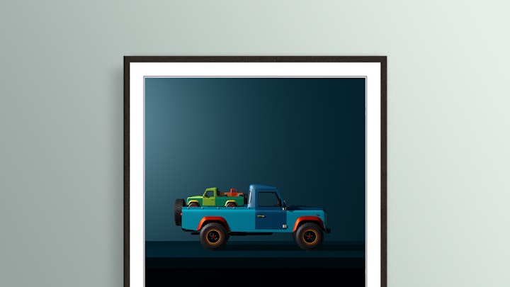 Land Rover Defender print framed in black. Other frames are available. International shipping.
