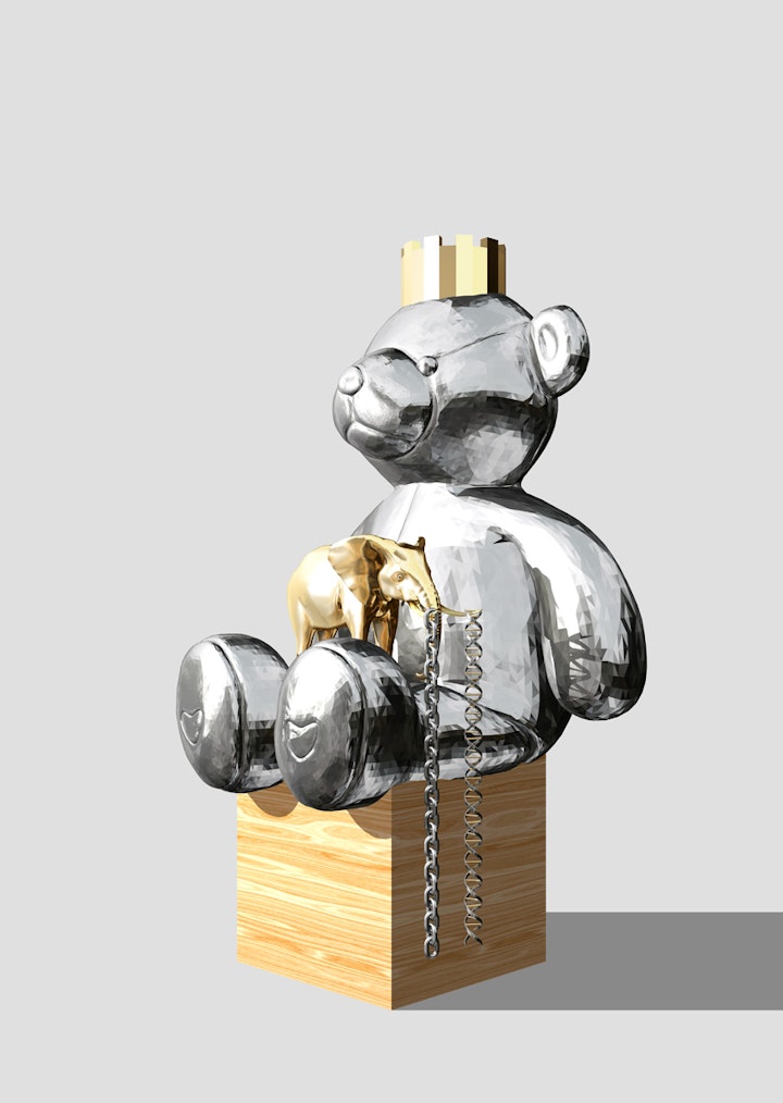 Contemporary art trophies. Bespoke art collection.university coat of arms ; elephant, bear, dna, chains, and castle. Patterns matching
wall design.