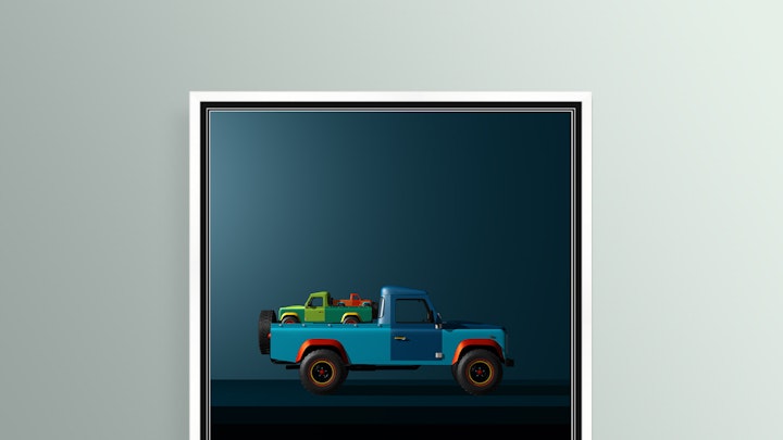 Land Rover Defender print framed in white. Other frames are available. International shipping.