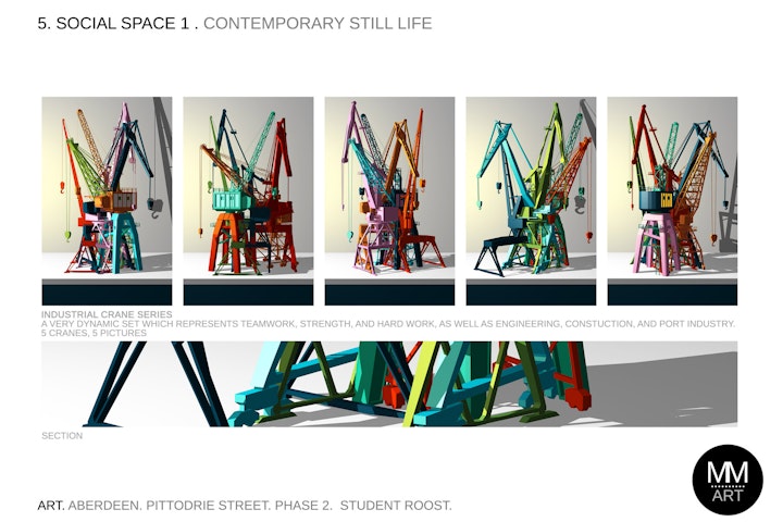 Bespoke art. Industrial crane series
A very dynamic set which represents teamwork, strength, and hard work, as well as engineering, constuction, and port industry. 
5 intertwined cranes, 5 pictures.
