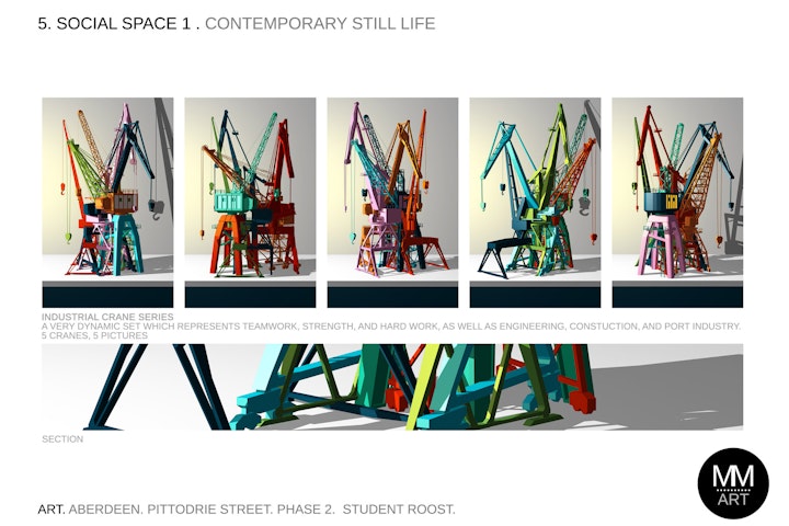 Bespoke art. Industrial crane series
A very dynamic set which represents teamwork, strength, and hard work, as well as engineering, constuction, and port industry.
5 intertwined cranes, 5 pictures.