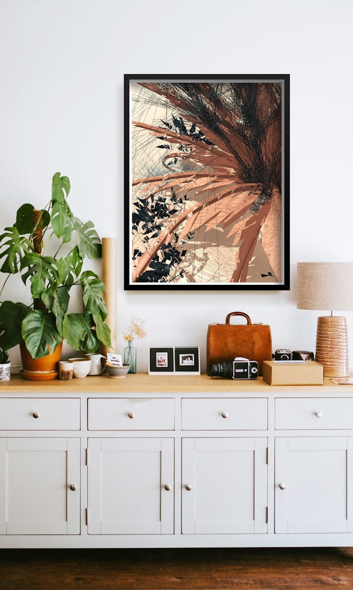interior mock with framed botanical abstract art example.