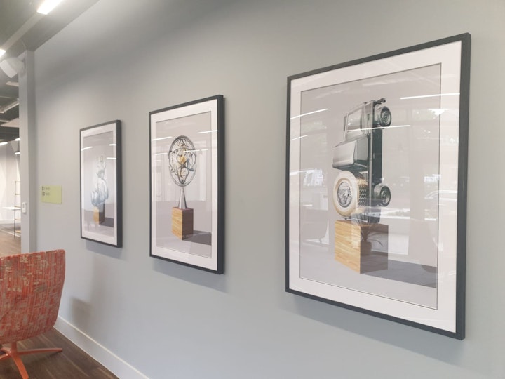 Contemporary art trophies. Bespoke art collection. Printed, framed, and installed. The Oaks by Student Roost.