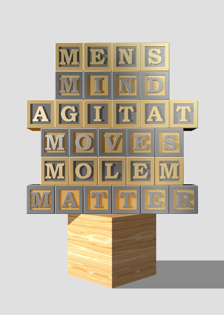 Warwick university motto in childrens letter 
blocks. "mens agitat molem", which means mind moves 
matter. Also a nod to inspirational quote posters, early learning, language etc.