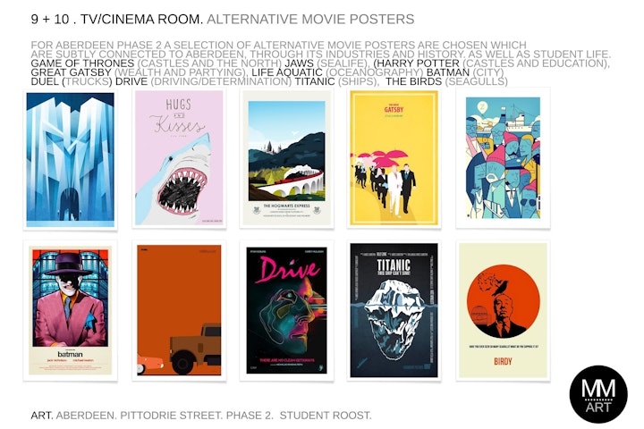 A selection of alternative movie posters are chosen which 
are subtly connected to Aberdeen, through its industries and history. as well as student life; Game of Thrones (castles and the North) Jaws (sealife), Harry Potter (castles and education),
Great Gatsby (wealth and partying), Life Aquatic (oceanography) Batman (city) 
Duel (trucks) drive (driving/determination) Titanic (ships),  The Birds (seagulls)