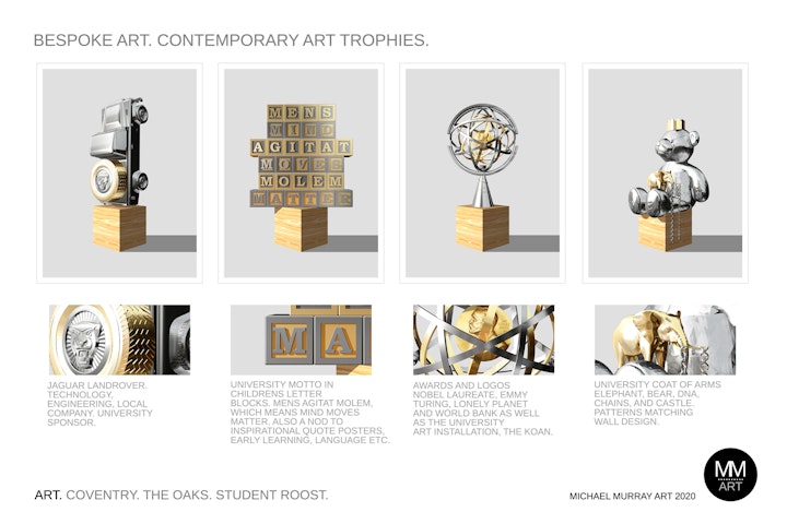 Contemporary art trophies. Bespoke art collection. contemporary art trophies on oak cubes celebrating the outstanding achievements of warwick university and its notable alumni. designed also to compliment the interior design.