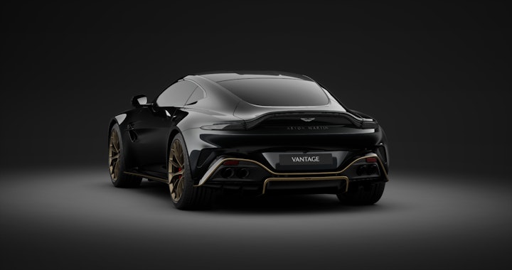 Aston Martin Vantage 2024 in Oberon black image 1 . Gold lipstick and pinstripe.