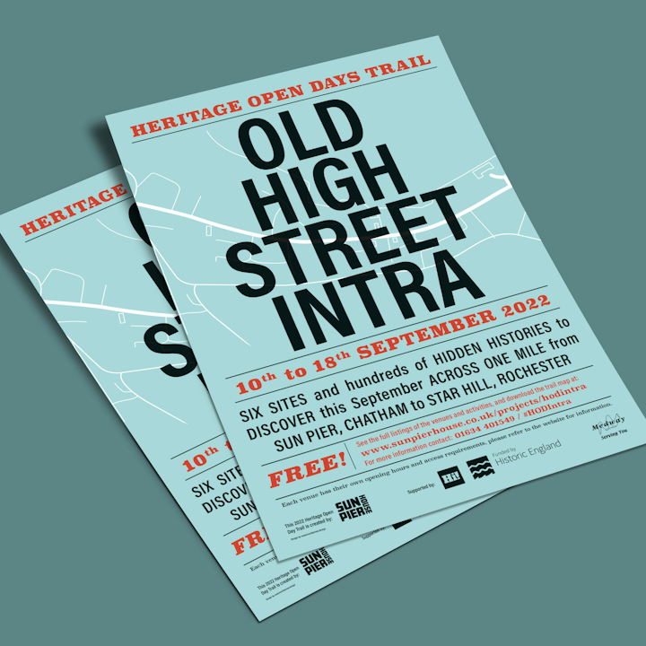 Client: Sun Pier House CIC. Flier promoting the annual Heritage Open Days trail along local High Street. The design references street name signs and Victorian handbills contemporary with the buildings along the trail.