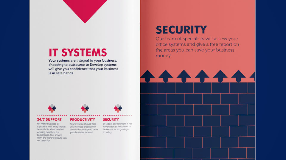 Brochures - Client: Develop Systems Ltd. Promotional brochure spread. The wall uses a motif from the company logo as iron spikes.