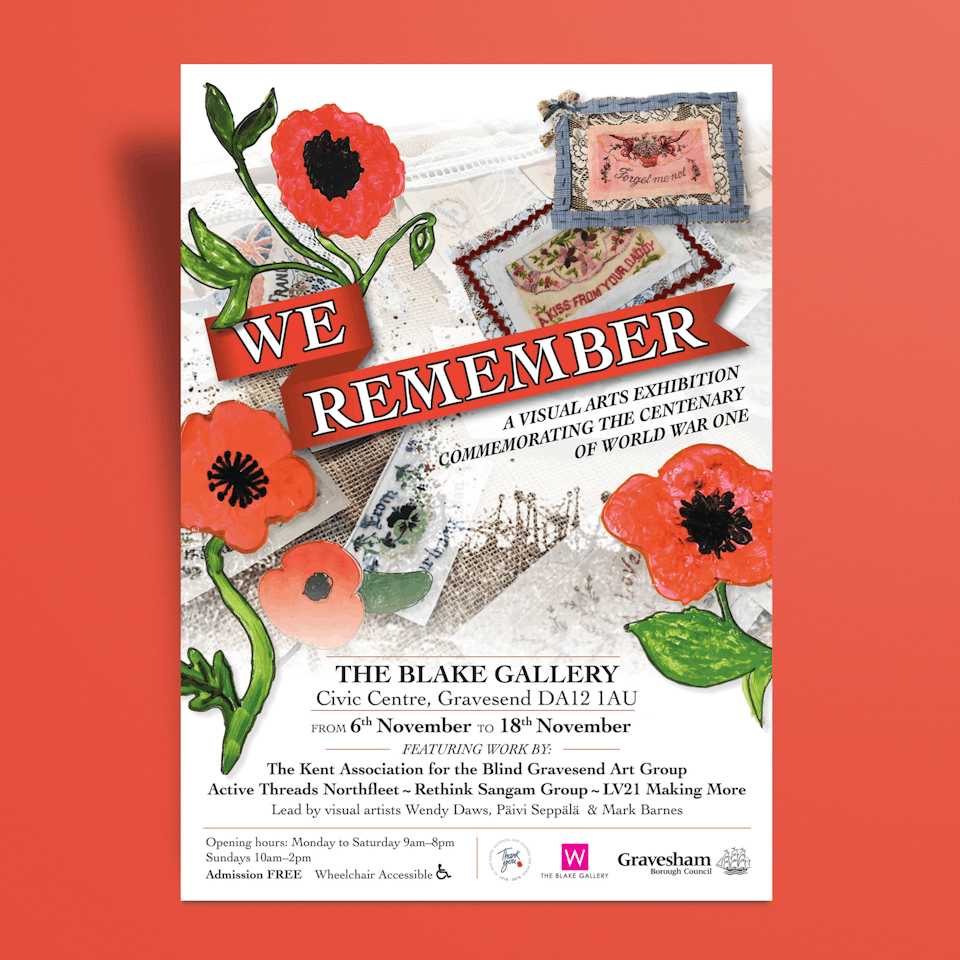 Fliers and Marketing - Client: Gravesham Council. A commemorative exhibition featuring artwork made by blind and partially-sighted adults. The flier uses the exhibitor's artwork and references the graphic art of WW1 to underscore the show's theme.