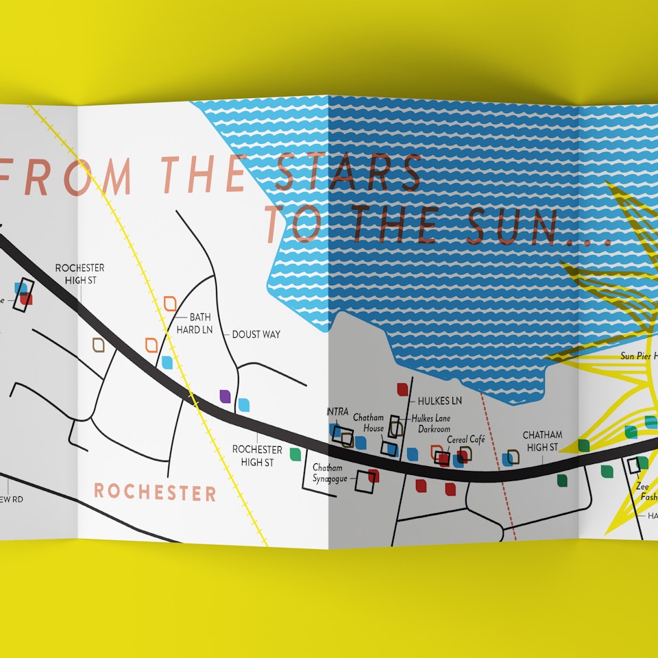 Information graphics - Client: Sun Pier Arts. Map for the 'Ebb and Flow' festival trail between Chatham and Rochester in Kent.