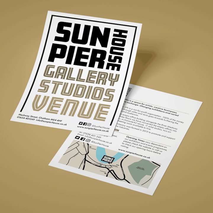Client: Sun Pier House CIC. A simple flier highlighting the who, what and where of the organisation. The design is deliberately minimal allowing the information to be easily read and absorbed.