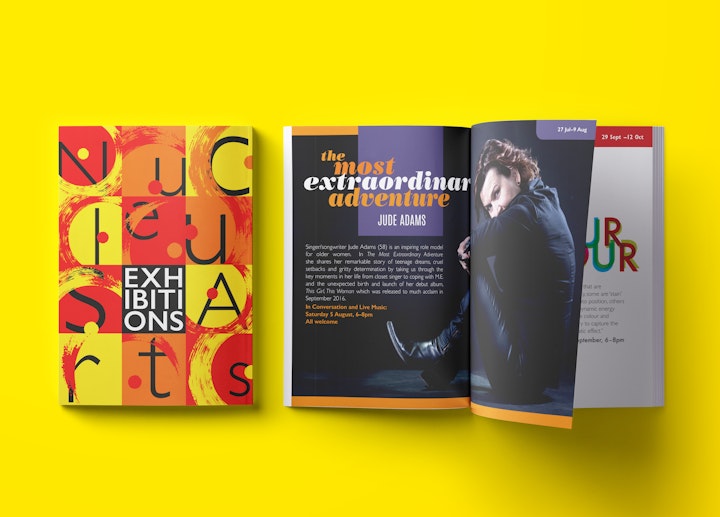 Magazine Design - Client: Nucleus Arts. Cover and spread from an art exhibition listings guide.