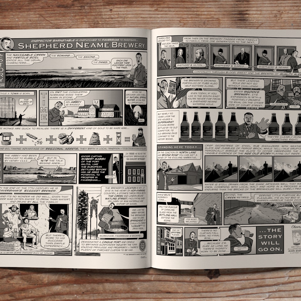 Comics - Client: Shepherd Neame. Commissioned for the 'Wandering Words' project this graphic documentary charts the story of the Faversham brewery from its origins in the 12th Century to the present day.