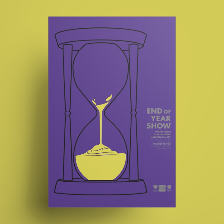 Client: Nucleus Arts. Poster for an art exhibition celebrating the work in-house artists had produced over the year. The paint in the hourglass has all but run through, ready to be turned over in the New Year for another 365 days of creativity.