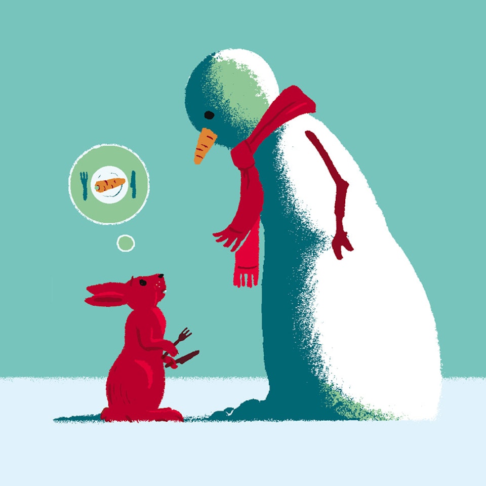 Illustration - The Rabbit and the Snowman. Greetings cards design, formerly licensed by Almanac Gallery.