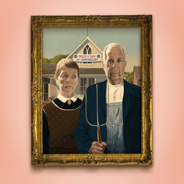 50the Wedding anniversary invitation, digital painting. A parody of the iconic 1930 work, 'American Gothic' by Grant Wood.