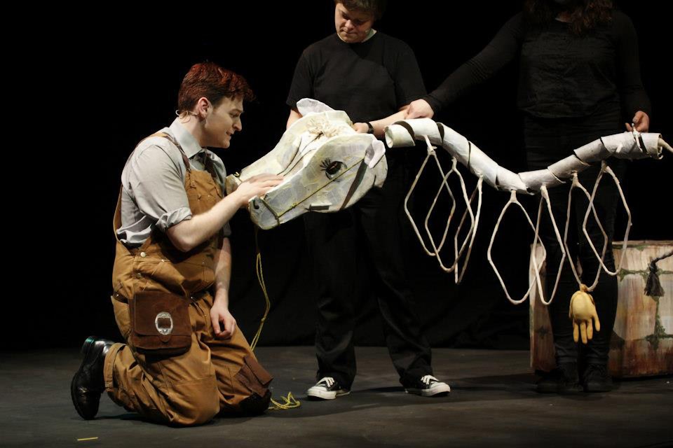 Into the Woods - Milky White's body was fashioned from a spiralised card tube, with coat hanger ribs and comedy rubber glove udders. The puppeteers opted to keep her head separate from her body - this allowed easier control and allowed for some comedy choreography too.