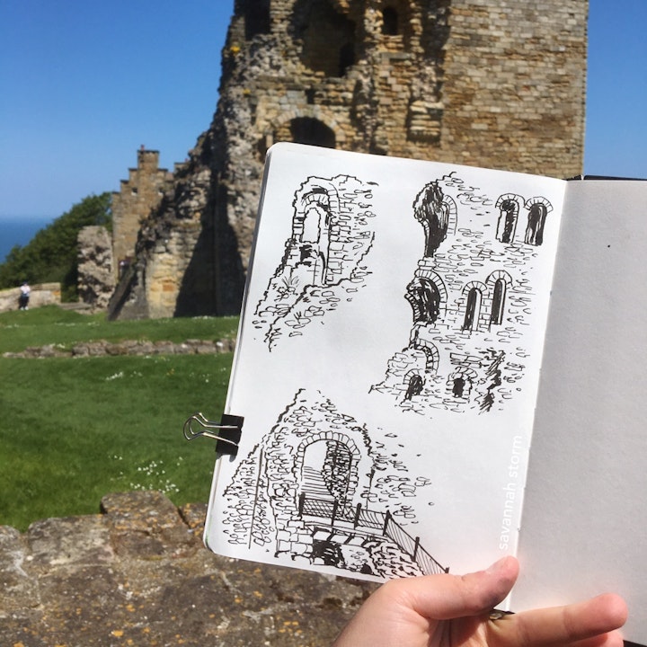 Sketchbooks - A sketchbook page of sections of an old ruined castle, illustrated using ink pen.