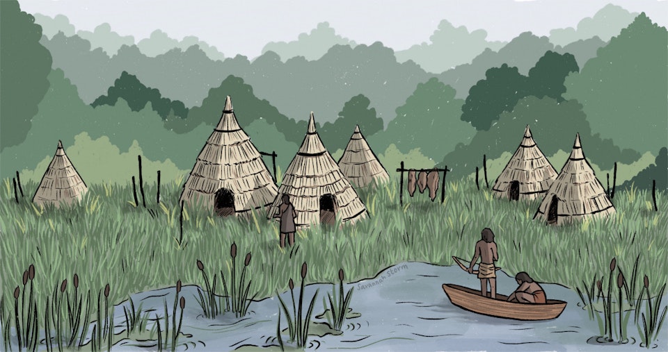 Star Carr - Illustrated re-created scene of a Stone Age settlement at Star Carr, showing teepee like houses surrounded by trees and a river.