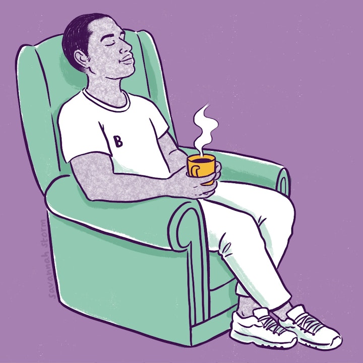 A Space to Be - Illustration of a young man relaxing in an armchair with a cup of tea, at the community space at A Space to Be.