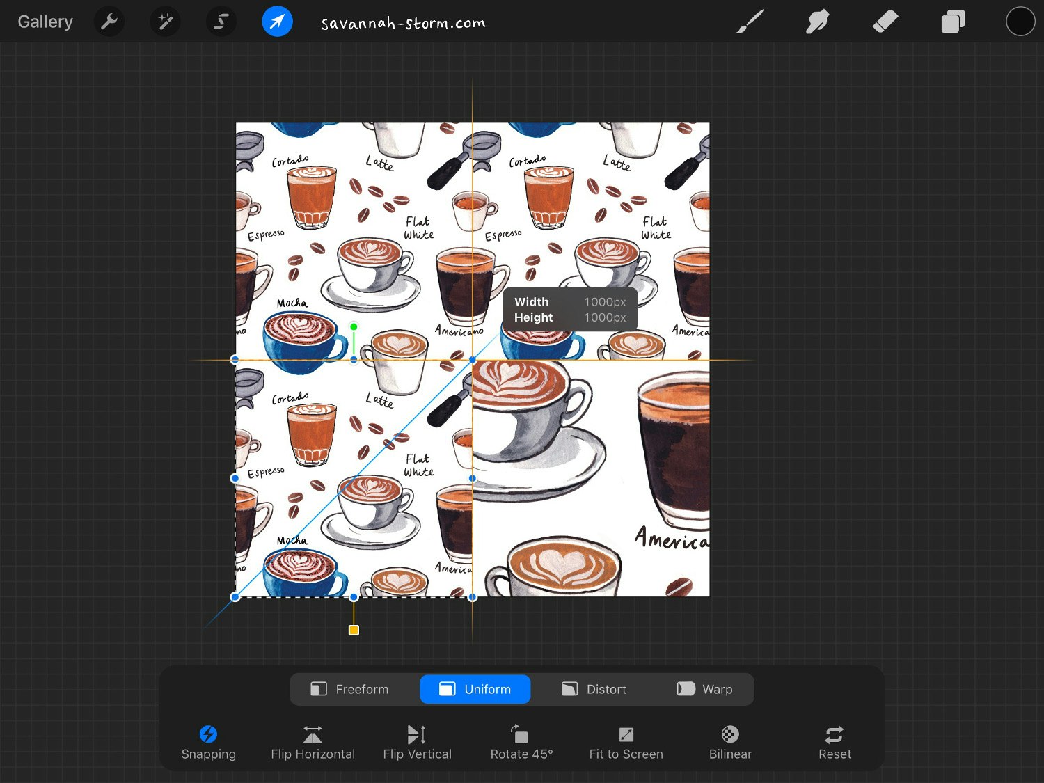 Screenshot of Procreate on the iPad, showing the process of creating an illustrated repeat pattern.