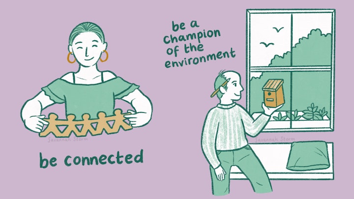 A Space to Be - Illustrations of people engaging with the project space at A Space to Be. Be connected, meet new people in the community, and be a champion of the environment, looking out for nature around you.