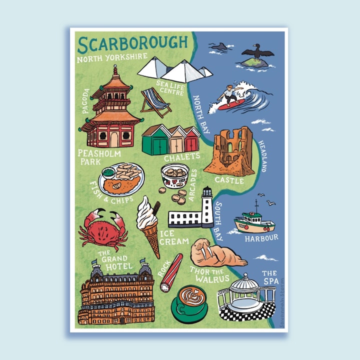 Scarborough Map - Illustrated map art print of Scarborough, North Yorkshire, showing famous landmarks such as the Grand Hotel, the Spa, Peasholm Park pagoda, and Scarborough Castle, as well as other seaside tourist attractions such as ice cream, fish & chips, arcades and rainbow chalets.
