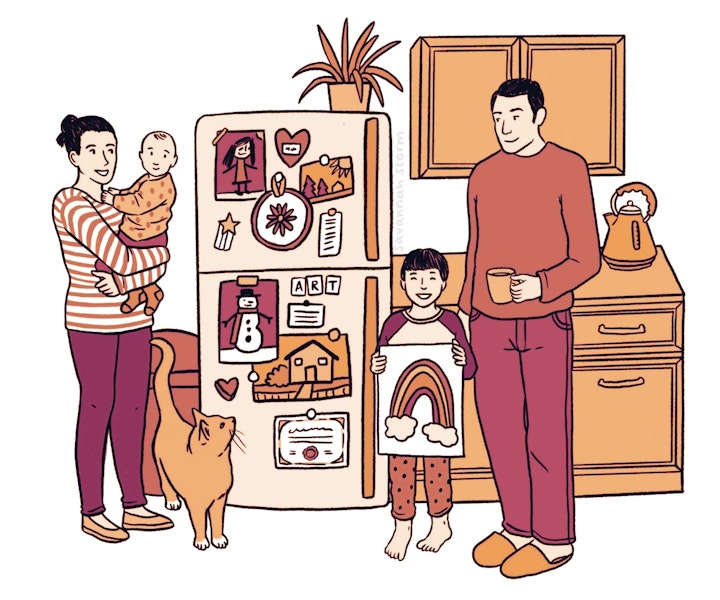 Arts Award - Illustration of a family standing in a kitchen in front of the fridge, which is covered in artwork.