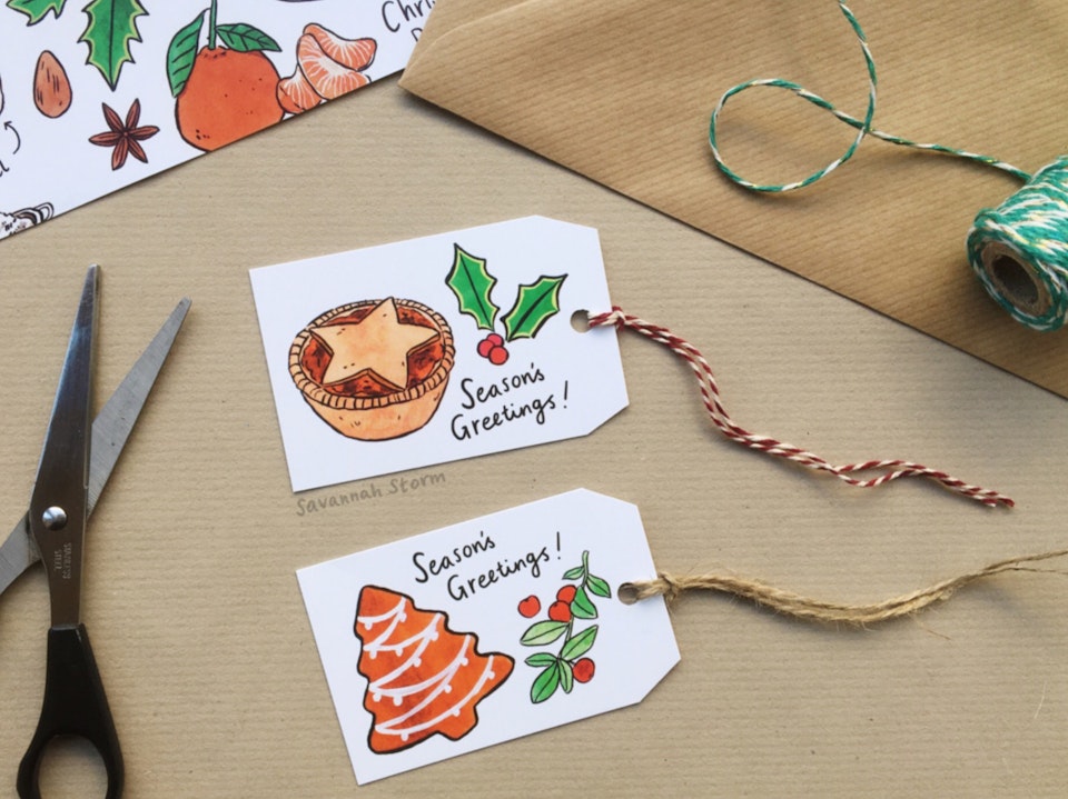 Festive Baking - Illustrated festive baking themed gift tags, with designs including a mince pie and a gingerbread Christmas tree.
