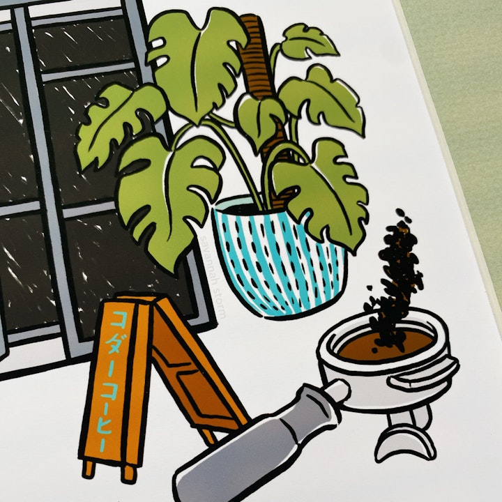 Koda Coffee Shopfront - Close up of coffee shop illustration, showing a plant, a wooden sign and a coffee portafilter.