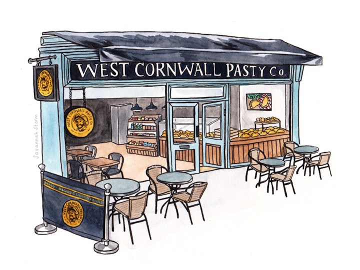 Shop Fronts - Illustrated shopfront of a café with a banner saying ‘West Cornwall Pasty Co.’ with seats outside and baked goods in the window.