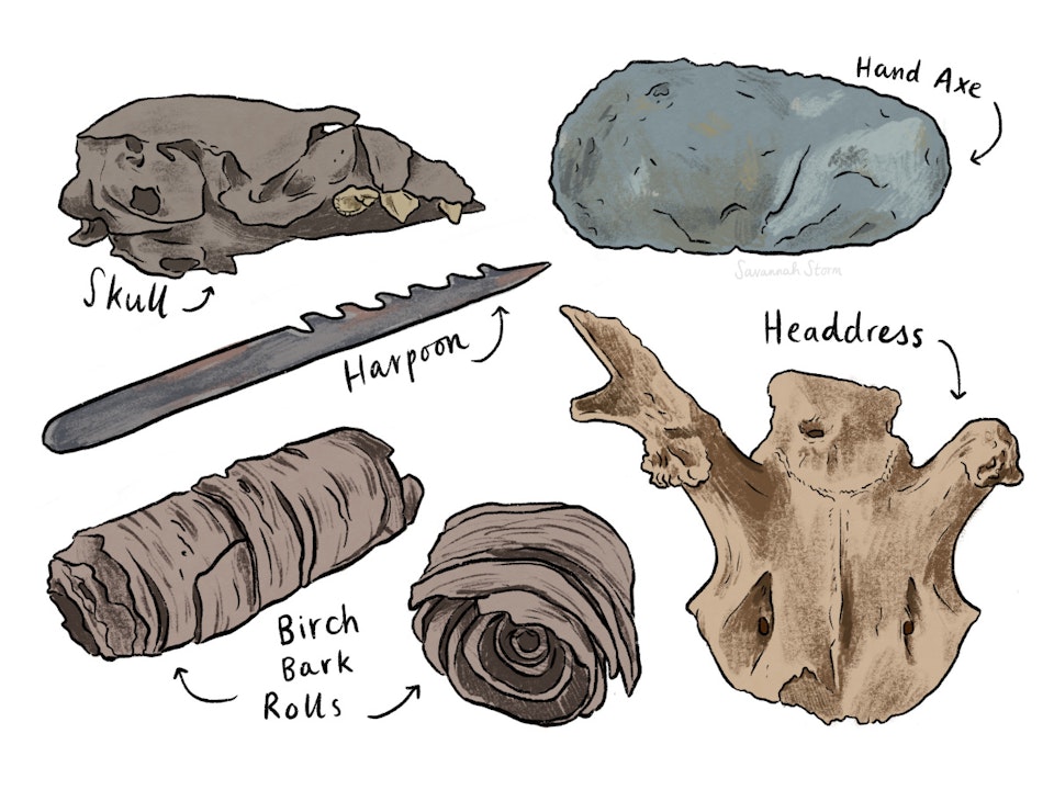 Star Carr - Stone Age artefacts, including an antler headdress, a flint hand axe, a pine marten skull, a barbed point and two birch bark rolls.