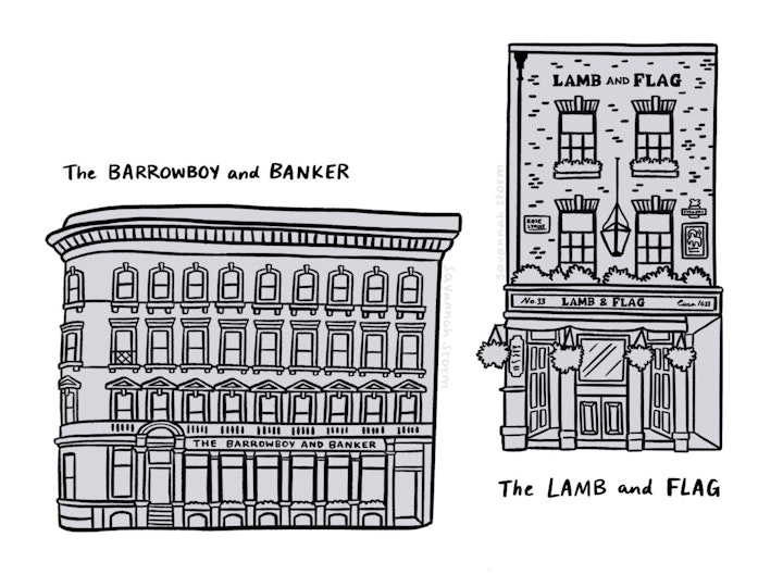 Line drawing illustrations of two London pubs, The Barrowboy & Banker and The Lamb & Flag.