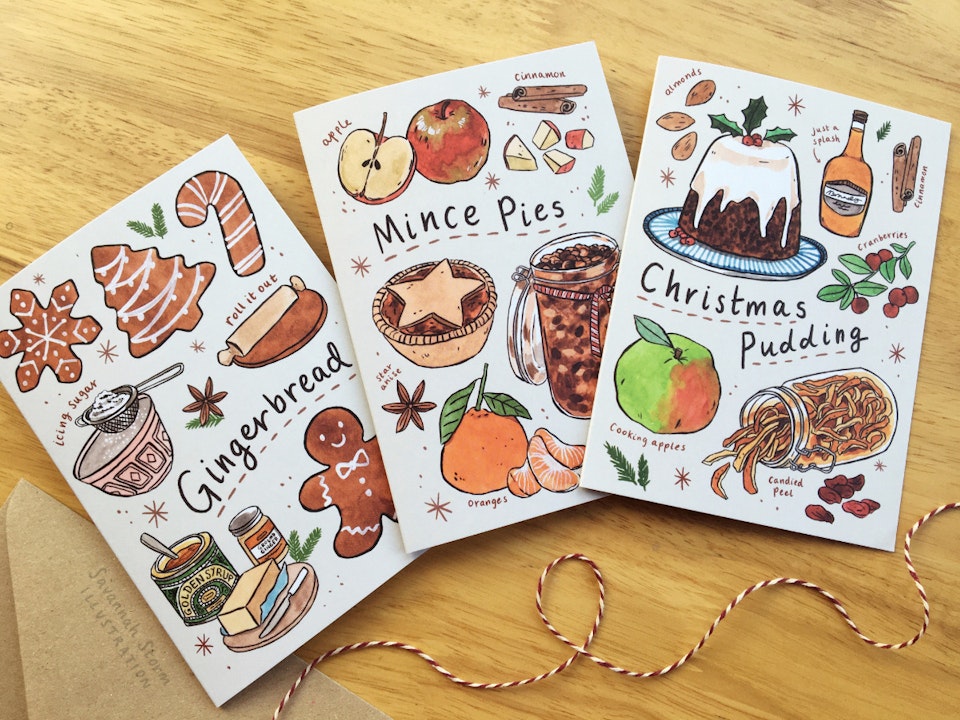 Festive Baking - Three printed Christmas cards with illustrated festive baking recipe designs, including gingerbread, mince pies and Christmas pudding.