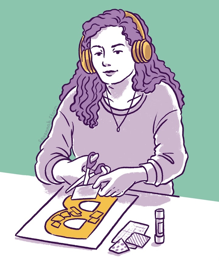 A Space to Be - Illustration of a young person taking part in a craft activity, creating a collaged piece of artwork.