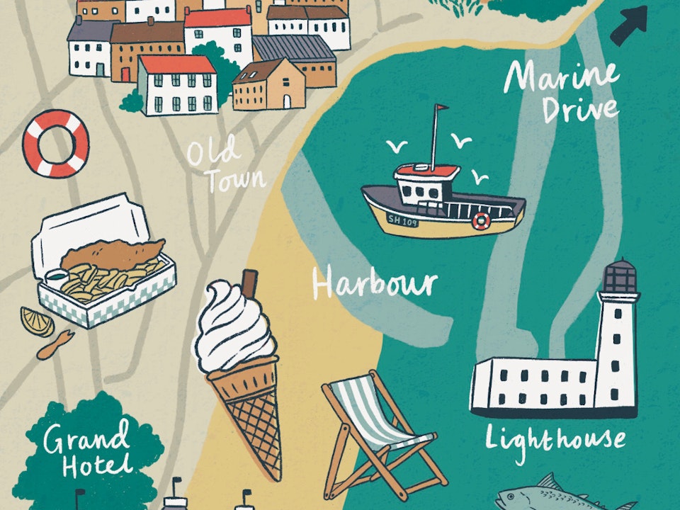 Scarborough Map - Illustrated map of Scarborough seaside in North Yorkshire, including local landmarks, food and drink.
