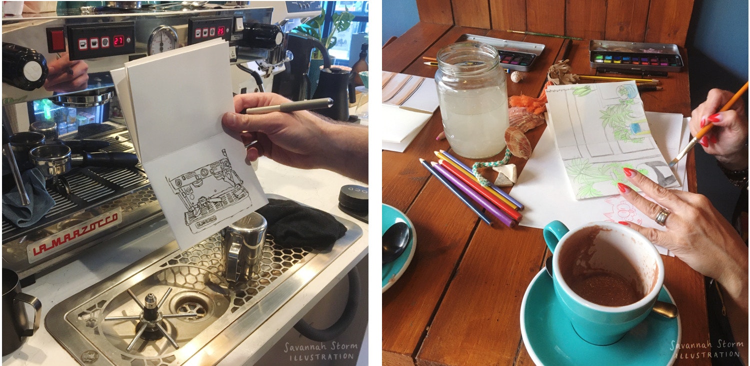 A line drawing of a coffee machine in a sketchbook, being held up next to the real coffee machine. A person sketching at a table, next to an empty blue coffee cup and a set of paints.