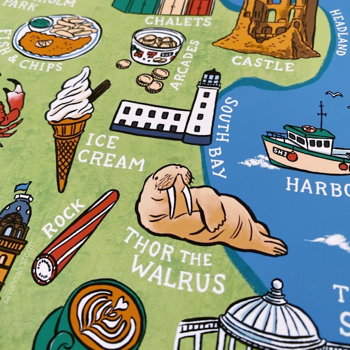 Scarborough Map - Illustrated map of Scarborough, North Yorkshire, showing recognisable things from the town such as coffee shops, Thor the Walrus, the lighthouse, ice cream, sticks of rock, the castle and the harbour.