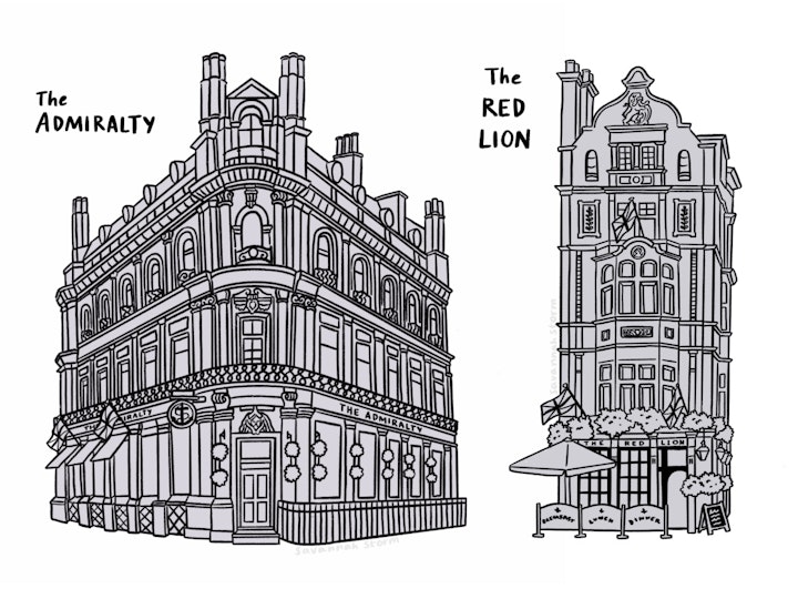 Line drawing illustrations of two London pubs, The Admiralty and The Red Lion.